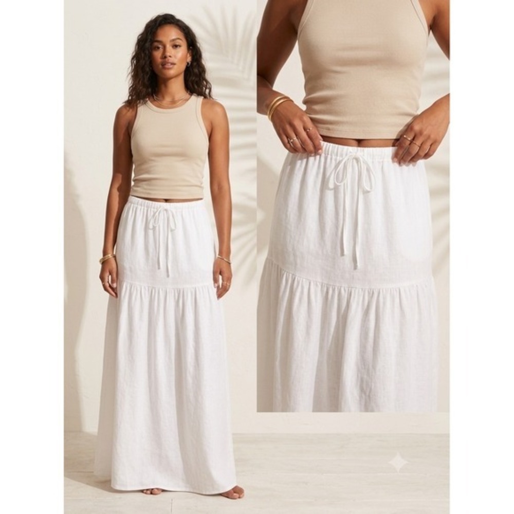 Princess Polly Tearose White Linen Blend Tiered Maxi Skirt Waist Drawstring 4